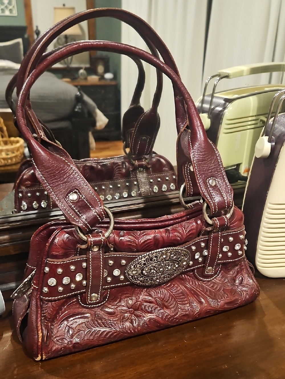 American West Leather Embossed Burgundy Bag with Decorative Buckle